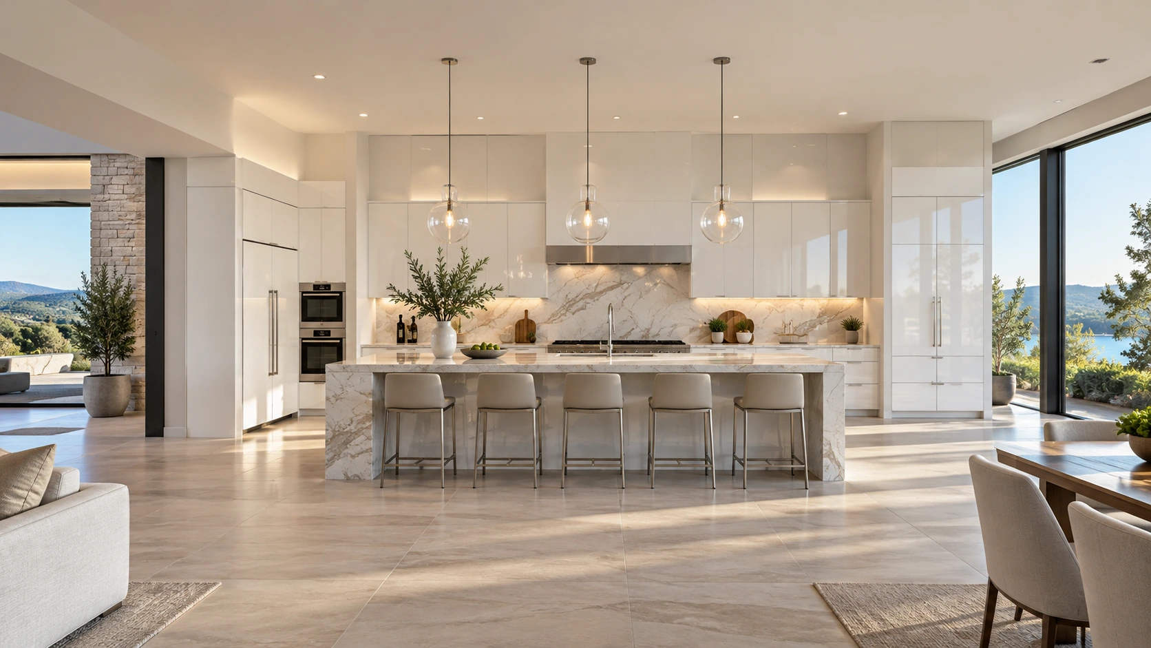 Visualización de cocina Blanco luminoso; vista panorámica del ambiente