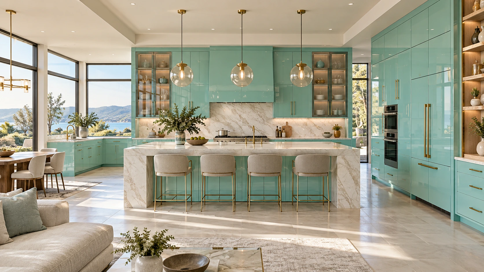 Visualización de cocina Tiffany luminoso; vista panorámica del ambiente