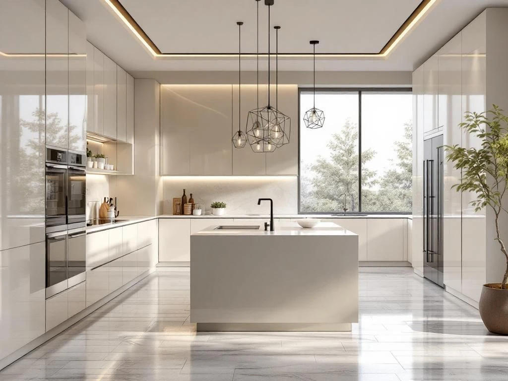 Cocina marfil de alto brillo con isla central