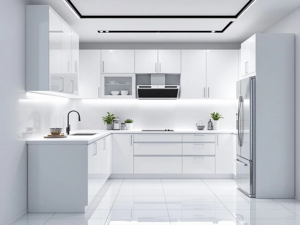 Cocina blanca luminosa con distribución en L