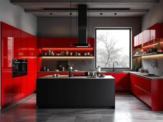 Frentes rojos de alto brillo en cocina con isla